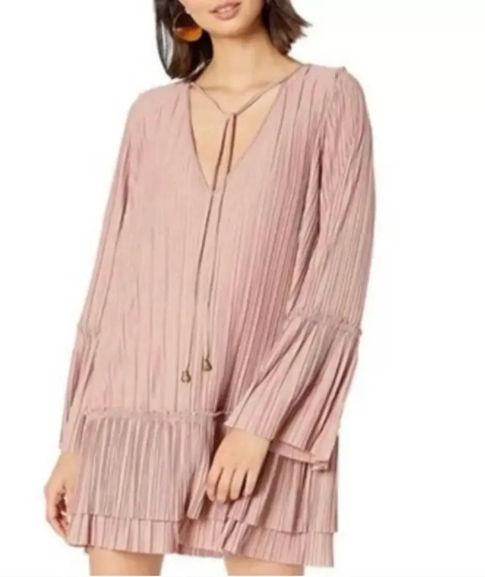 Free People can’t help it Mauve Ribbed Tunic Mini Dress Bell Sleeve Boho Large